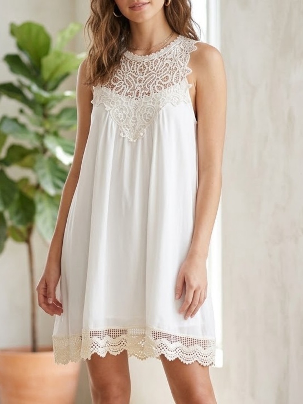 JODIFL White Lace Yoke Chemise with Scalloped Hem